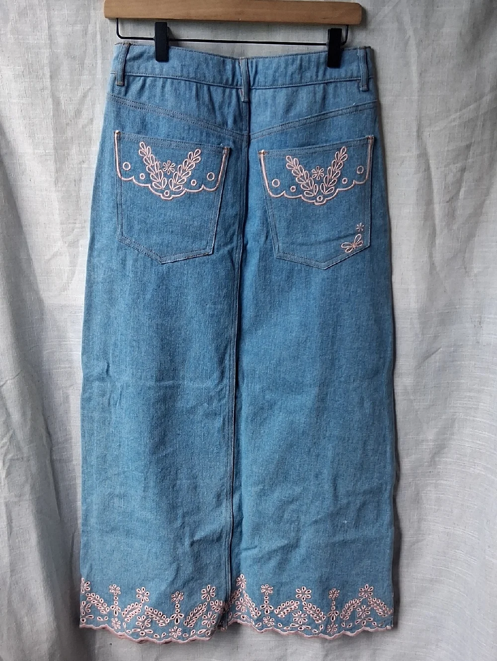 DRIFTWOOD Serena Denim Maxi Embroidery Skirt Blue Pink 27